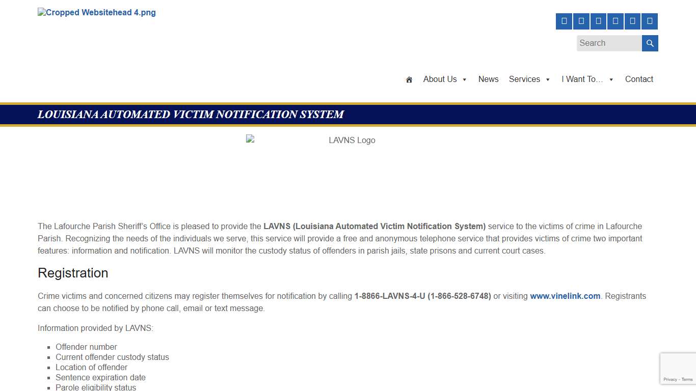 Louisiana Automated Victim Notification System – Lafourche Parish Sheriff's Office