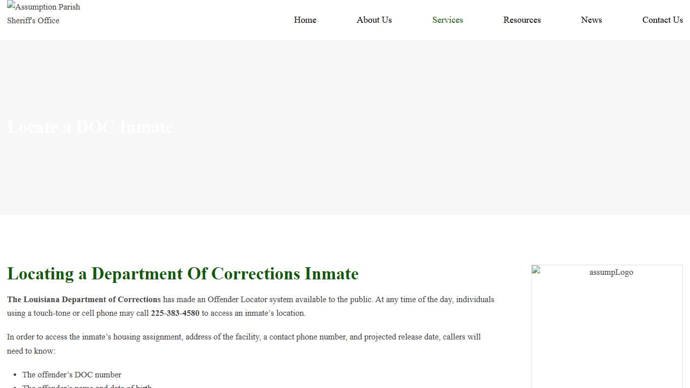 Locate a DOC Inmate - Assumption Parish Sheriff's Office